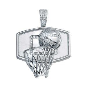 Sterling Silver 925 Rhodium Plated CZ Basketball Hoop Hip Hop Pendant